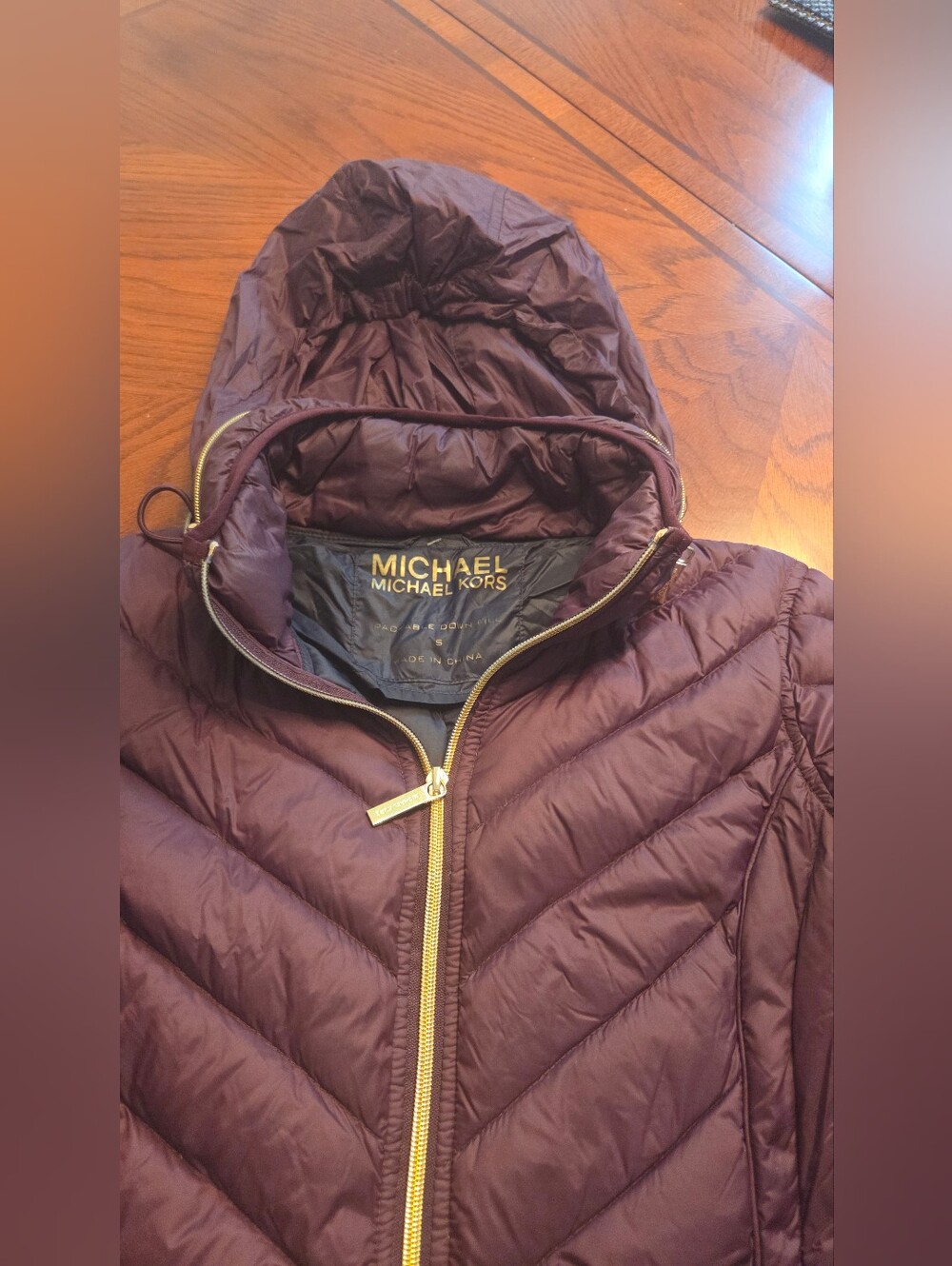 MICHAEL Michael Kors Burgundy Hooded Quilted Puffer with Gold Zipper
